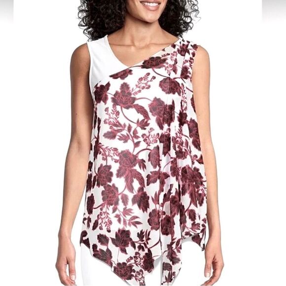 NWT Investments Slim Factor Floral Print Sleeveless Asymmetrical Neck Drape Top - Picture 1 of 4